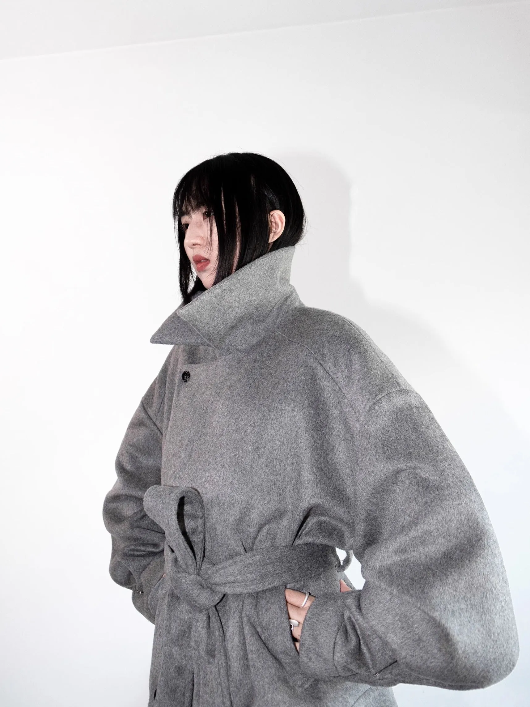 Khaki Wool Loose Short Trench Coat