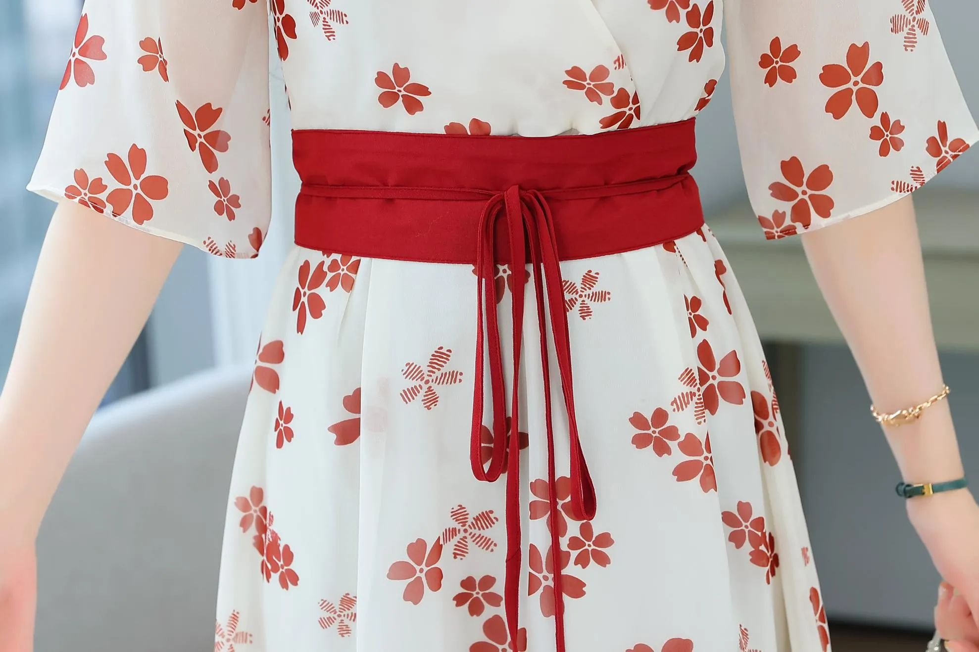 Knee-Length Floral Chiffon Dress with Tie Front
