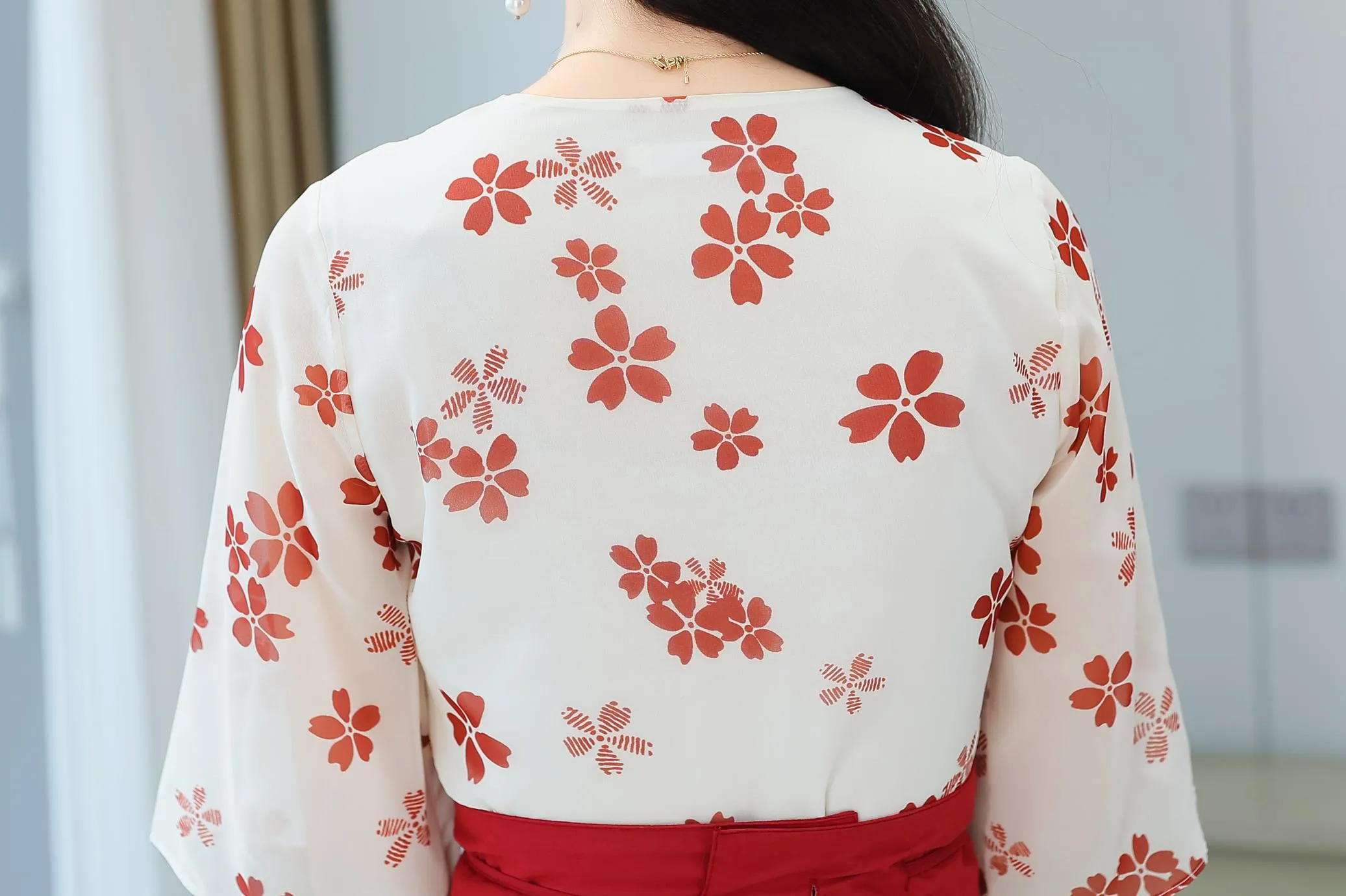 Knee-Length Floral Chiffon Dress with Tie Front