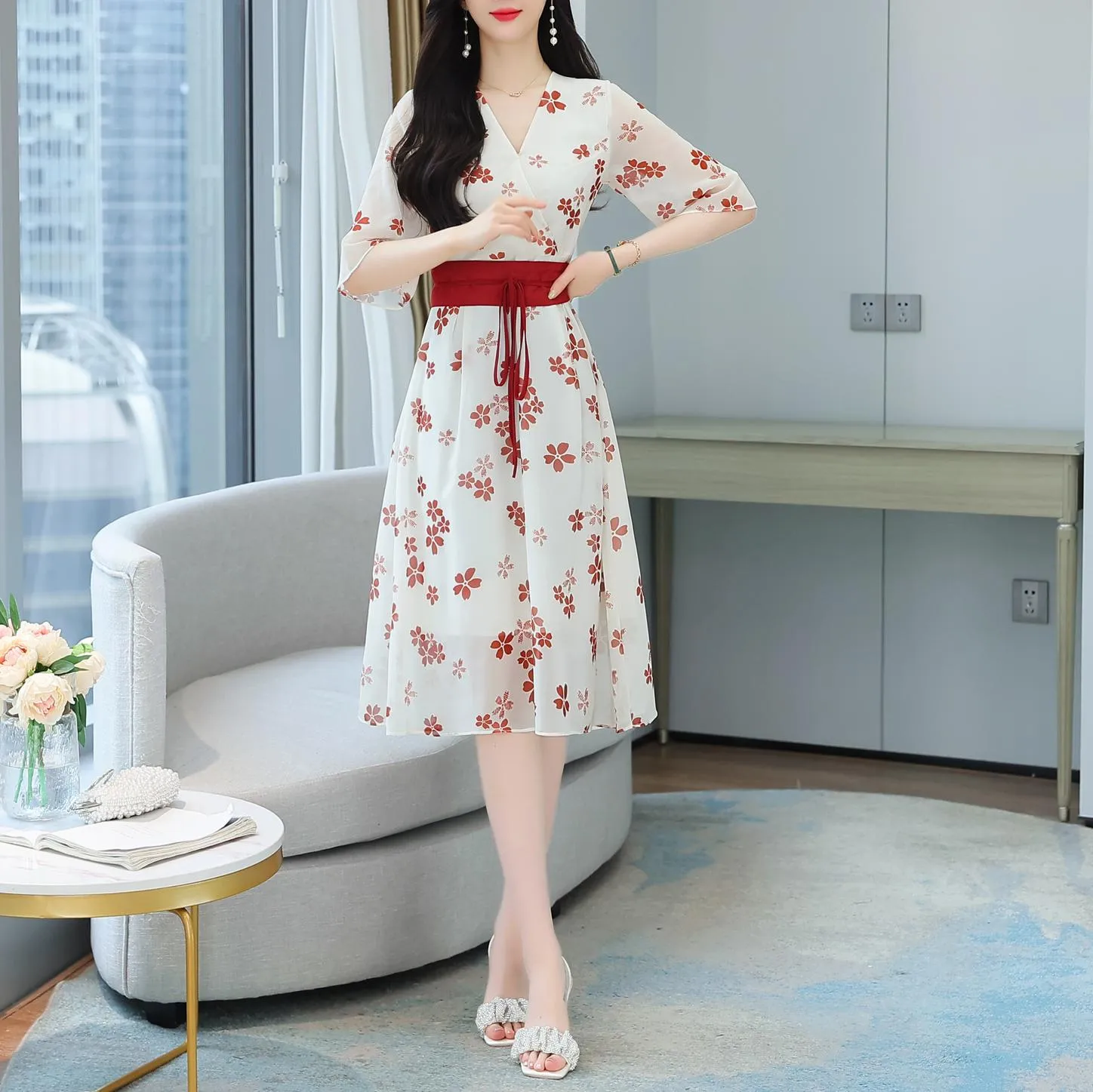 Knee-Length Floral Chiffon Dress with Tie Front