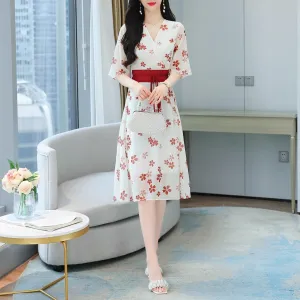 Knee-Length Floral Chiffon Dress with Tie Front