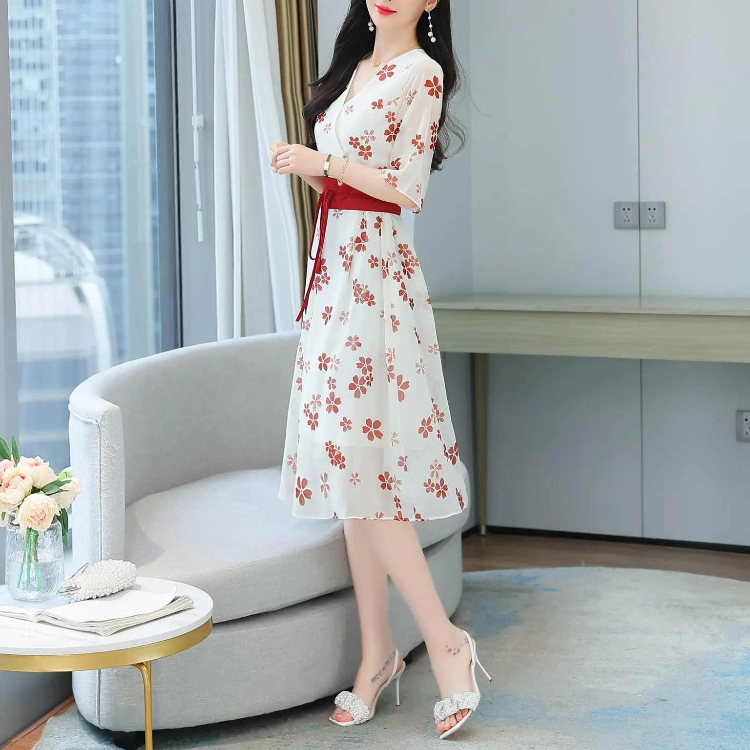 Knee-Length Floral Chiffon Dress with Tie Front