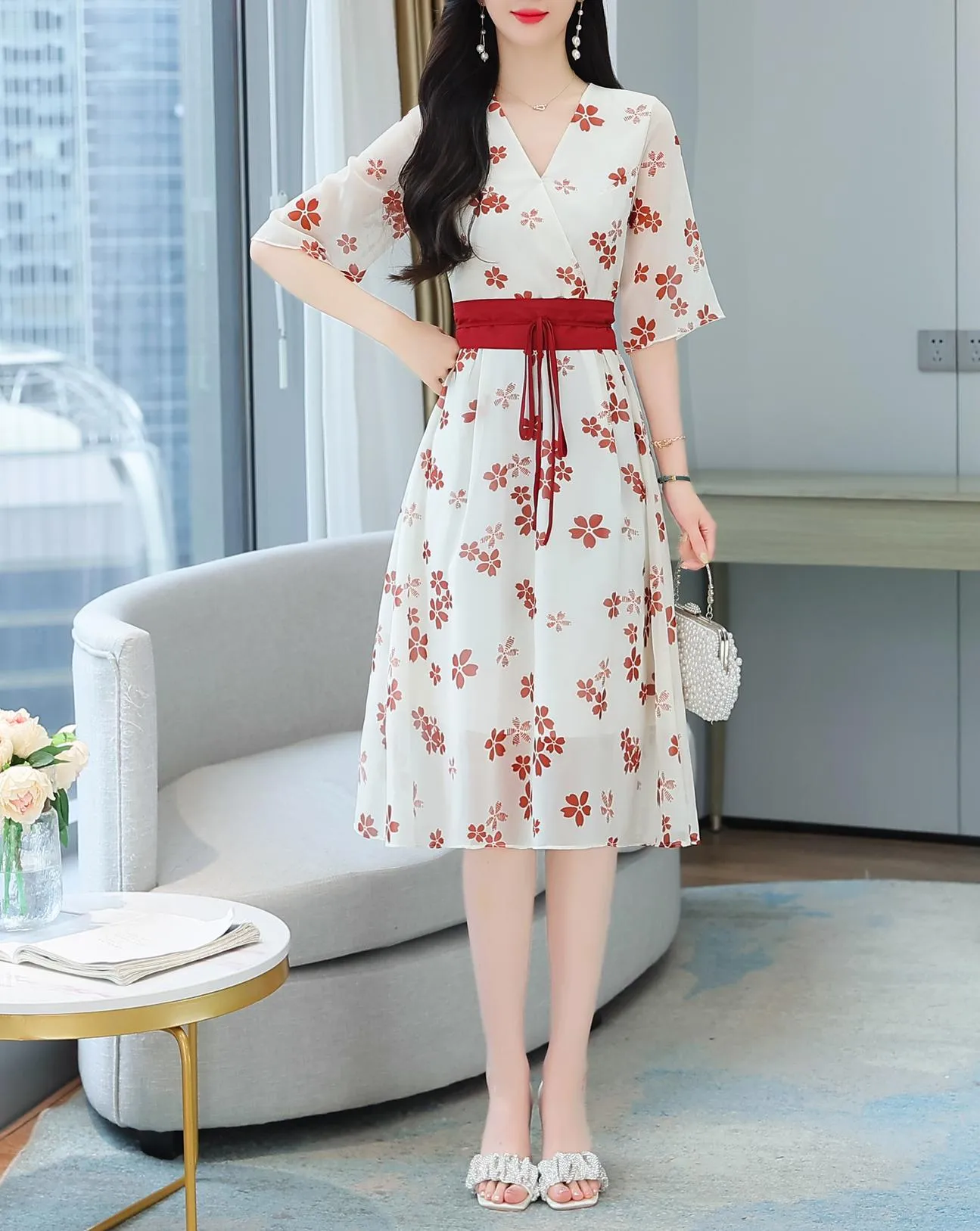 Knee-Length Floral Chiffon Dress with Tie Front