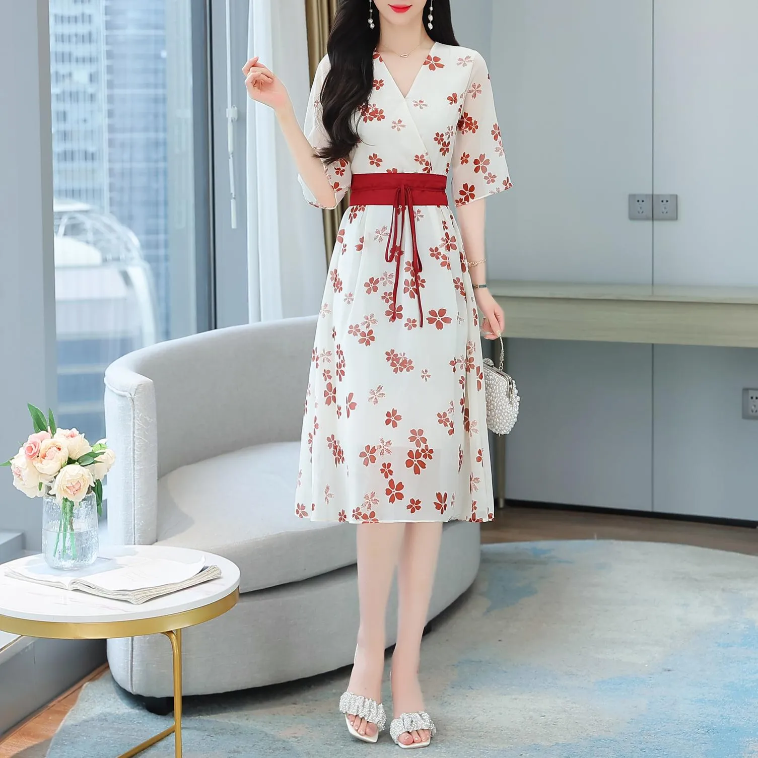 Knee-Length Floral Chiffon Dress with Tie Front