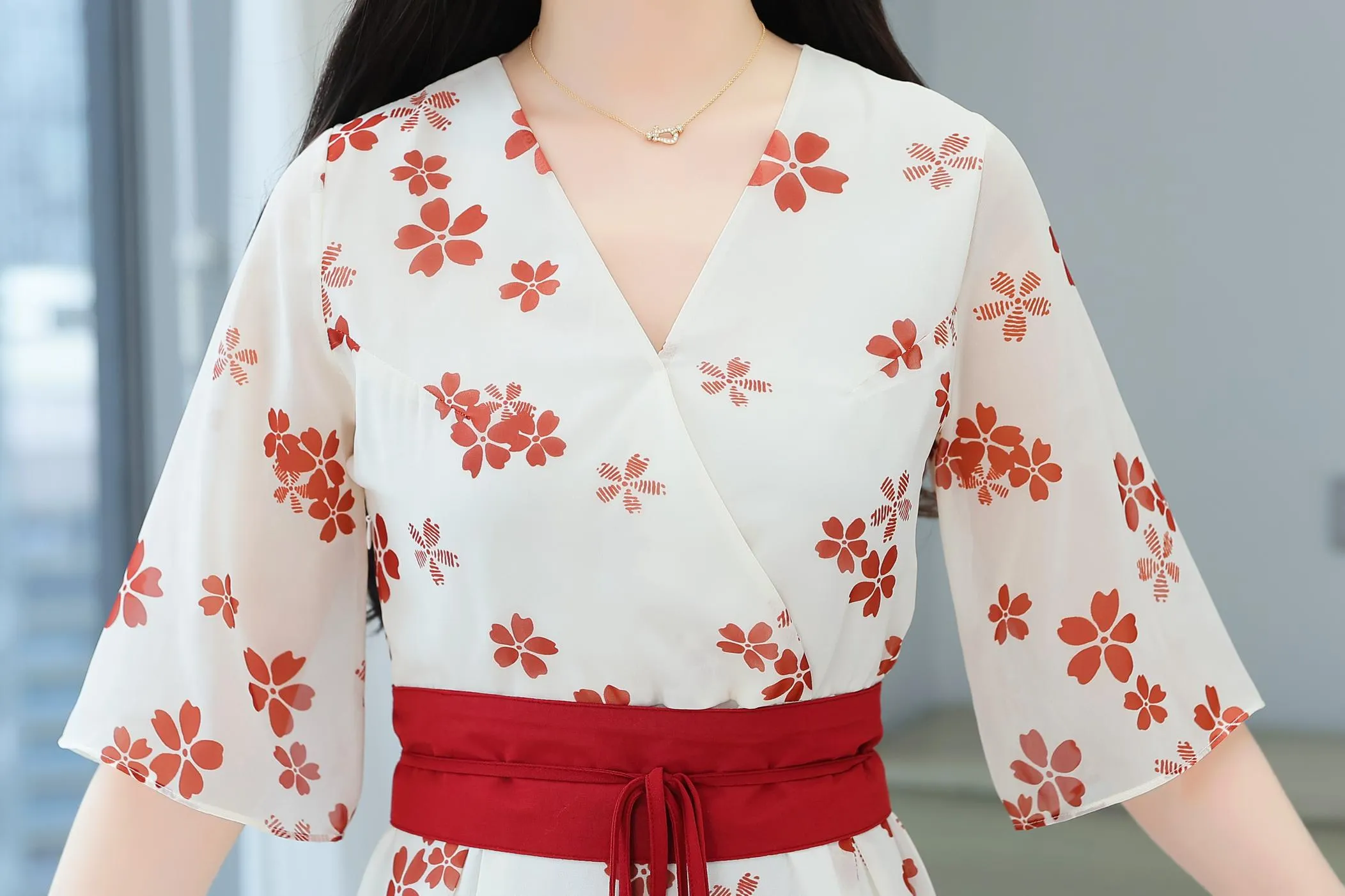Knee-Length Floral Chiffon Dress with Tie Front