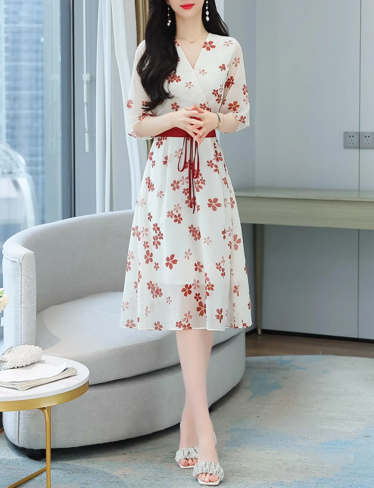 Knee-Length Floral Chiffon Dress with Tie Front