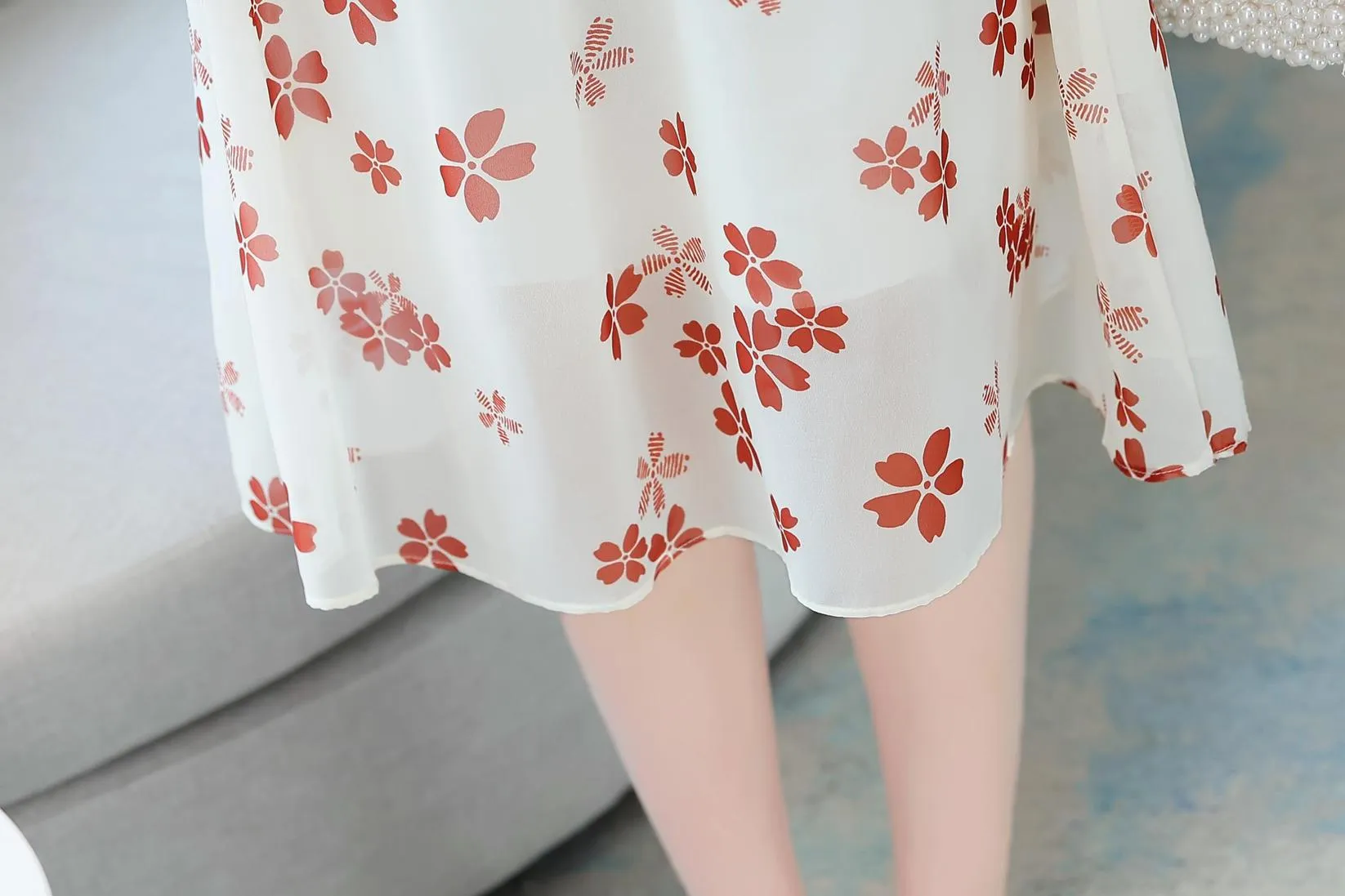 Knee-Length Floral Chiffon Dress with Tie Front