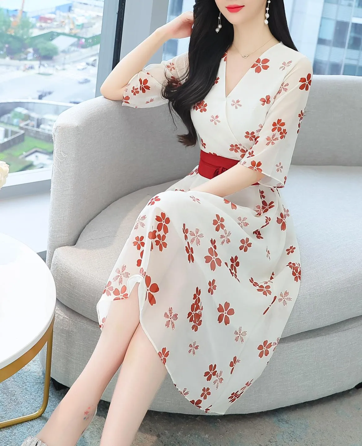 Knee-Length Floral Chiffon Dress with Tie Front
