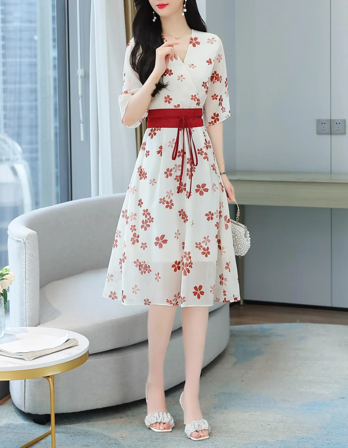 Knee-Length Floral Chiffon Dress with Tie Front