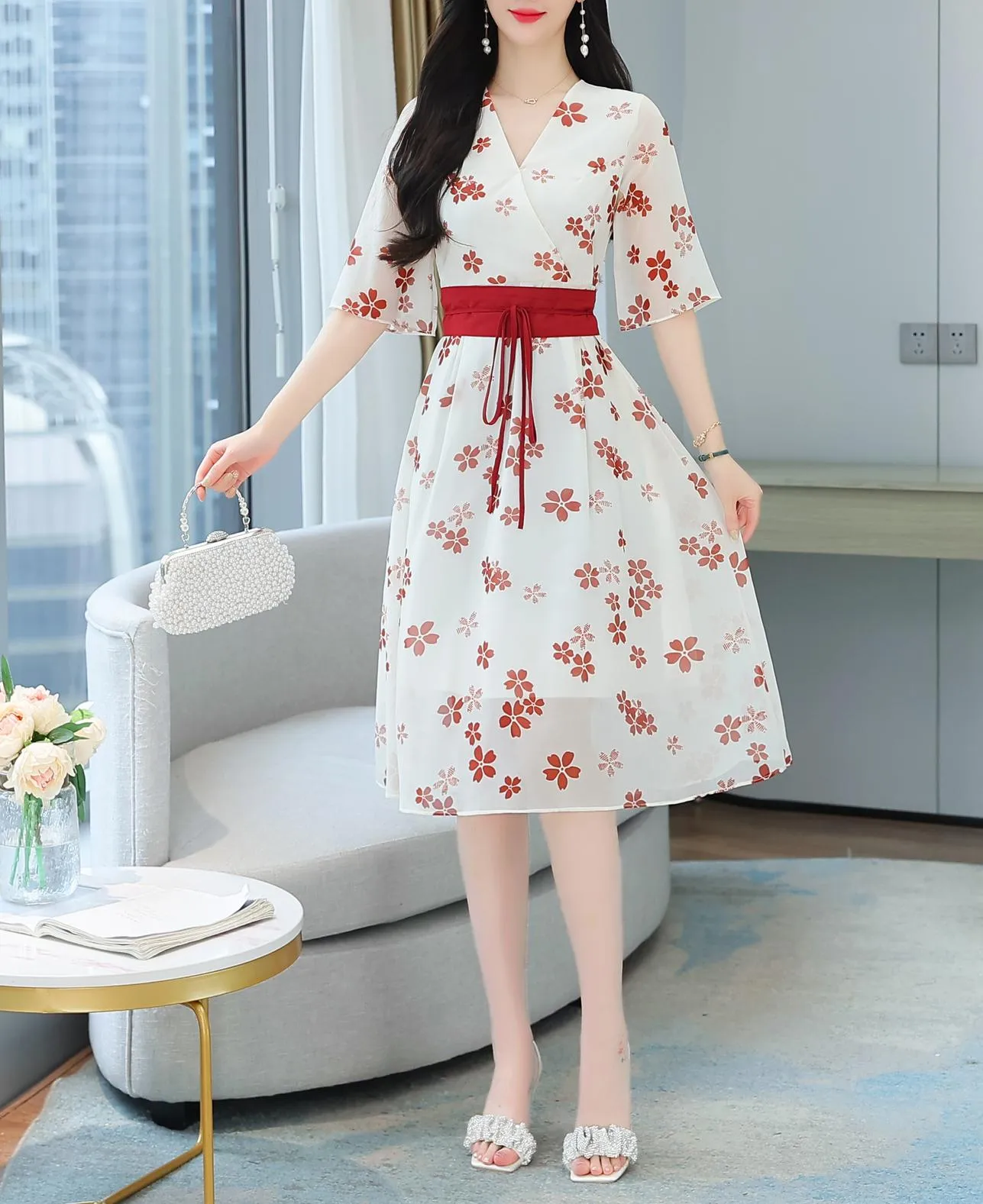 Knee-Length Floral Chiffon Dress with Tie Front