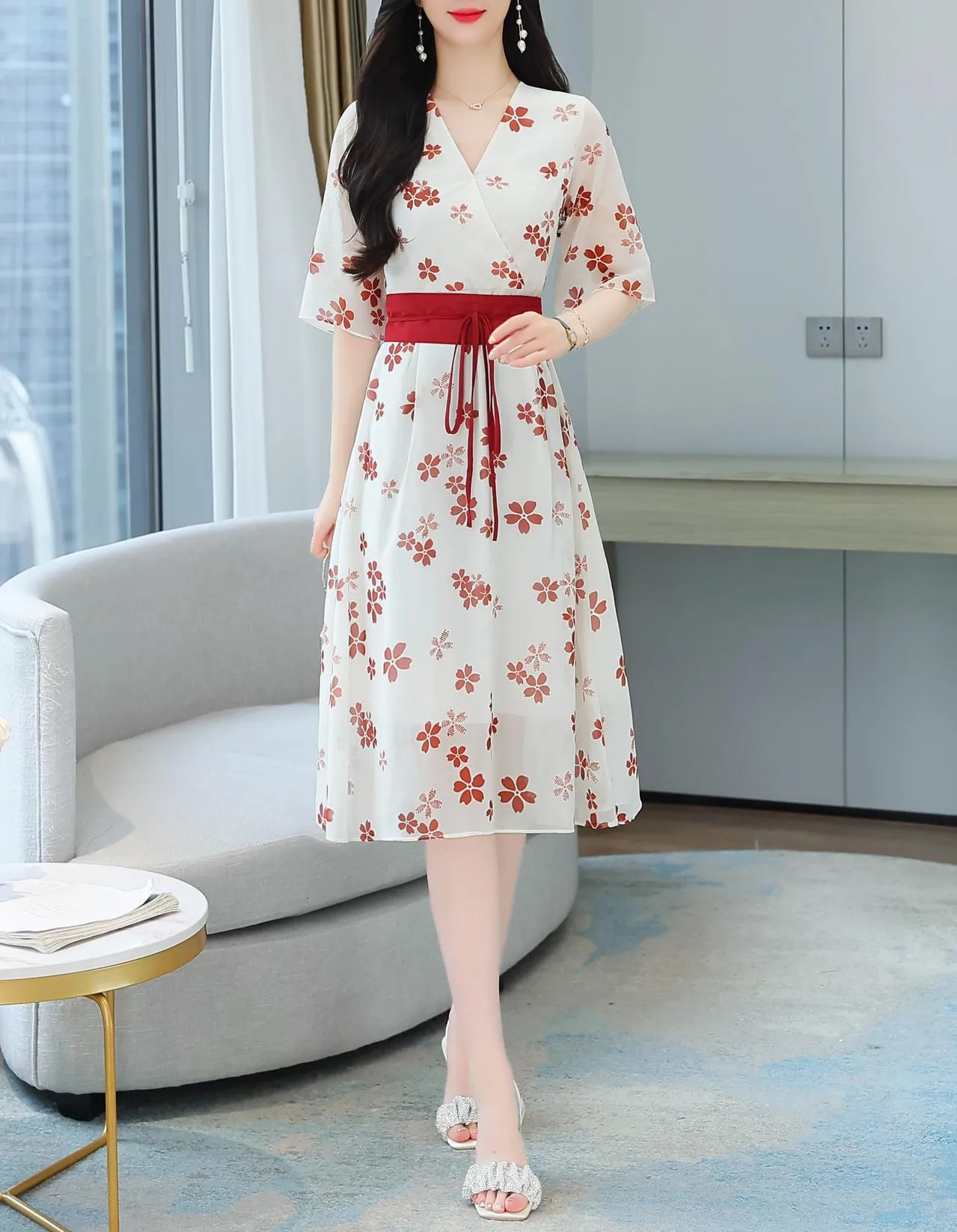 Knee-Length Floral Chiffon Dress with Tie Front