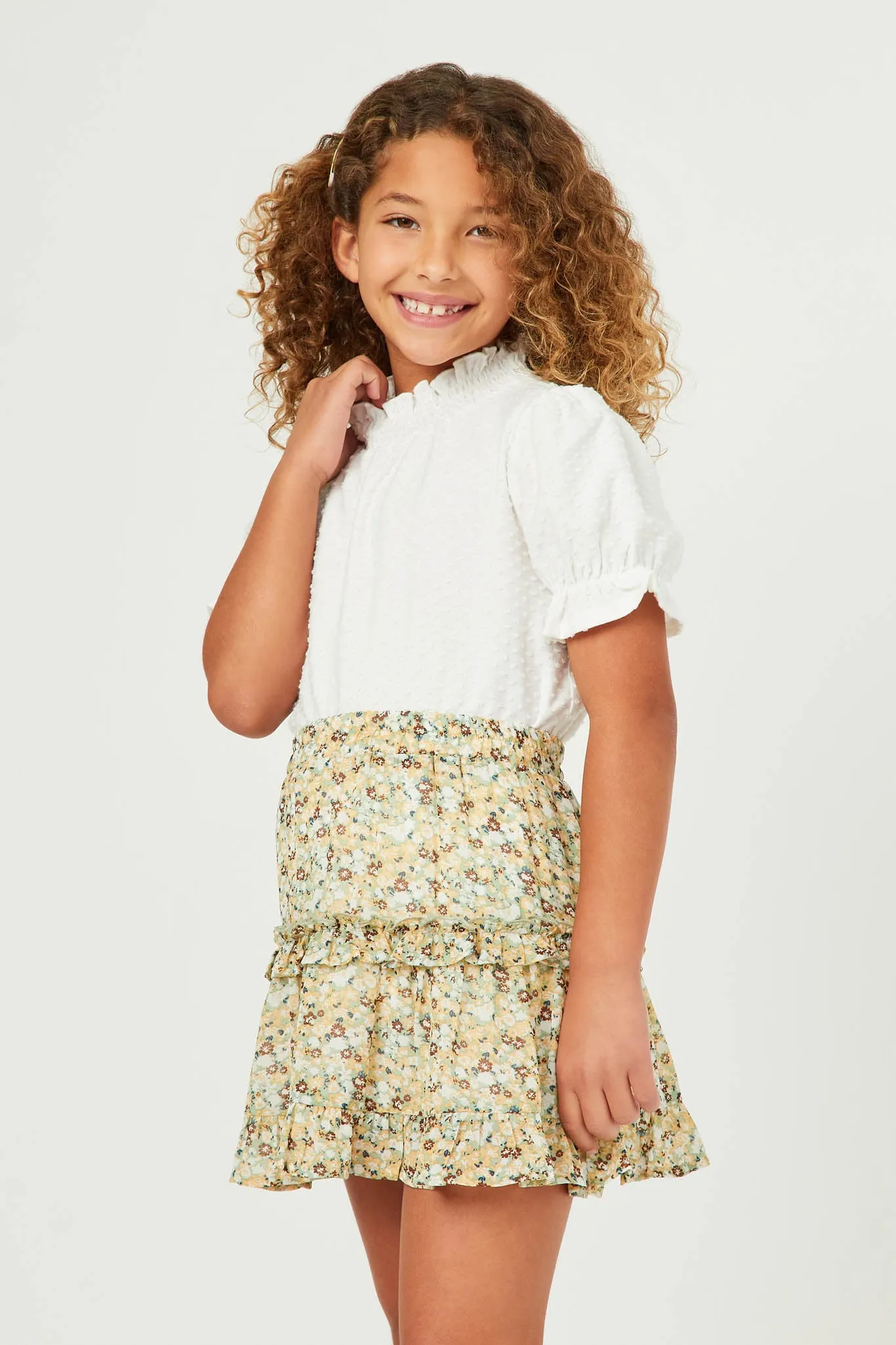 Knit Swiss Dot Smocked Neck Tee