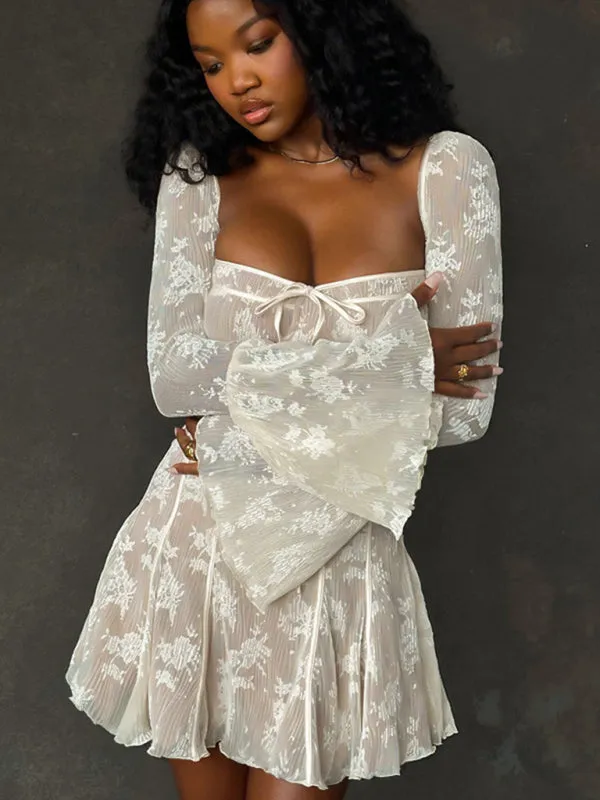 Lace Mini Dress with Floral Print and Corset Bodice
