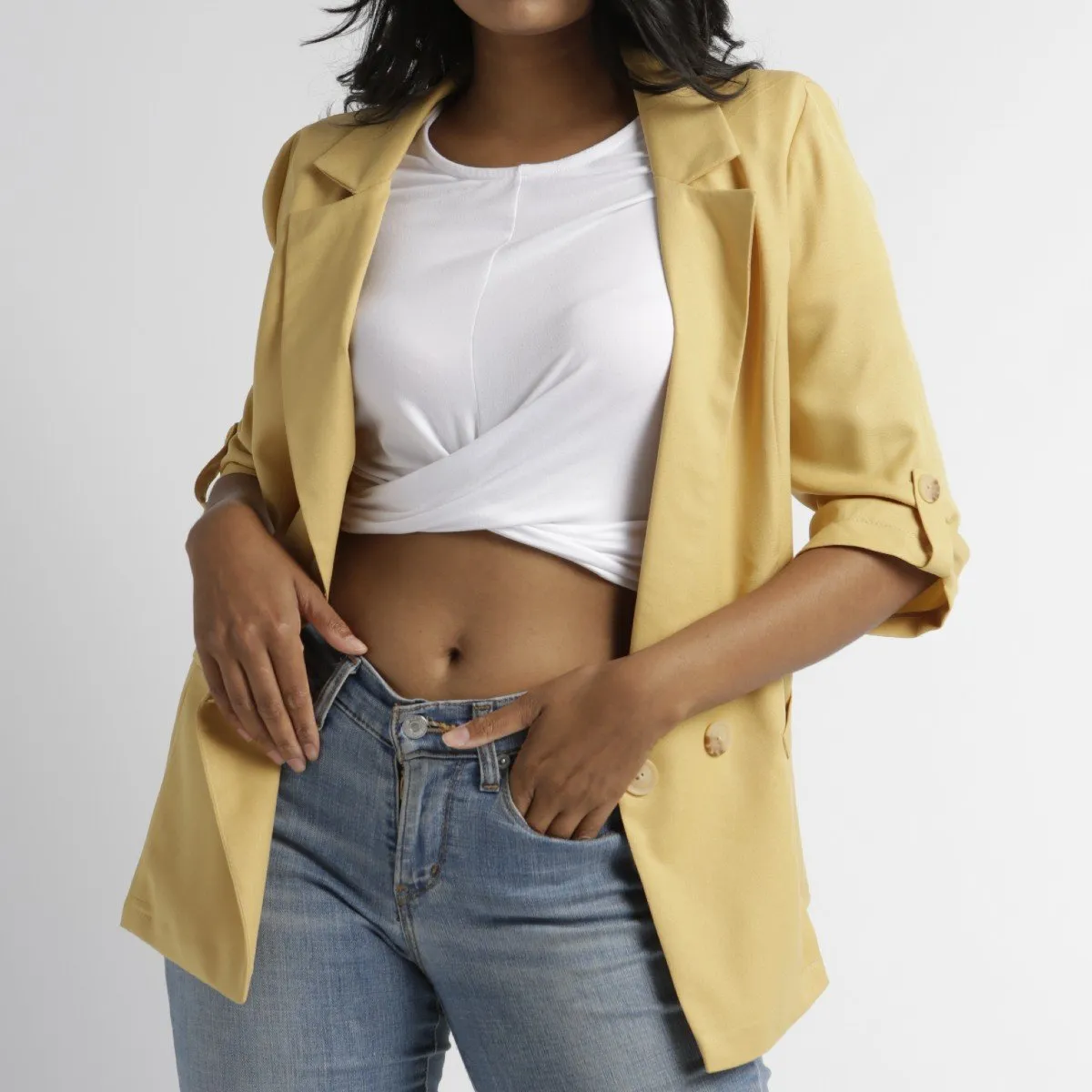 Ladies 3/4 Turn-up Sleeve Double Breasted Unlined Jacket - Mustard
