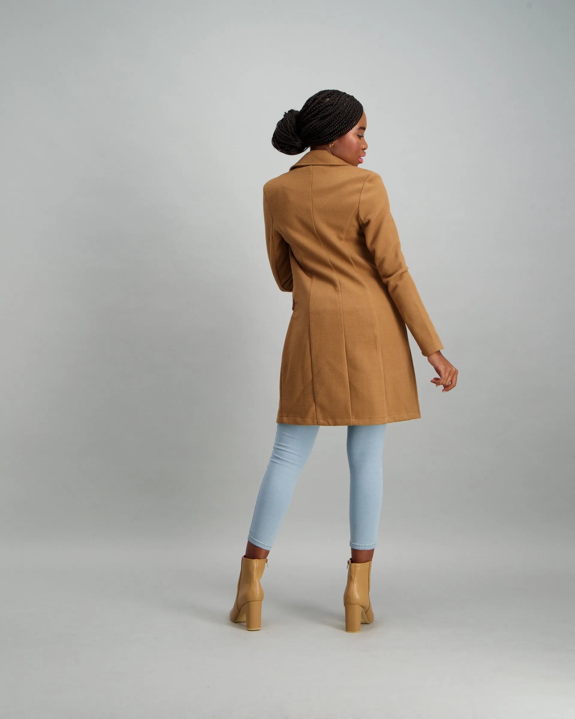 Ladies Buttoned Double Breasted Unlined Jacket - Caramel