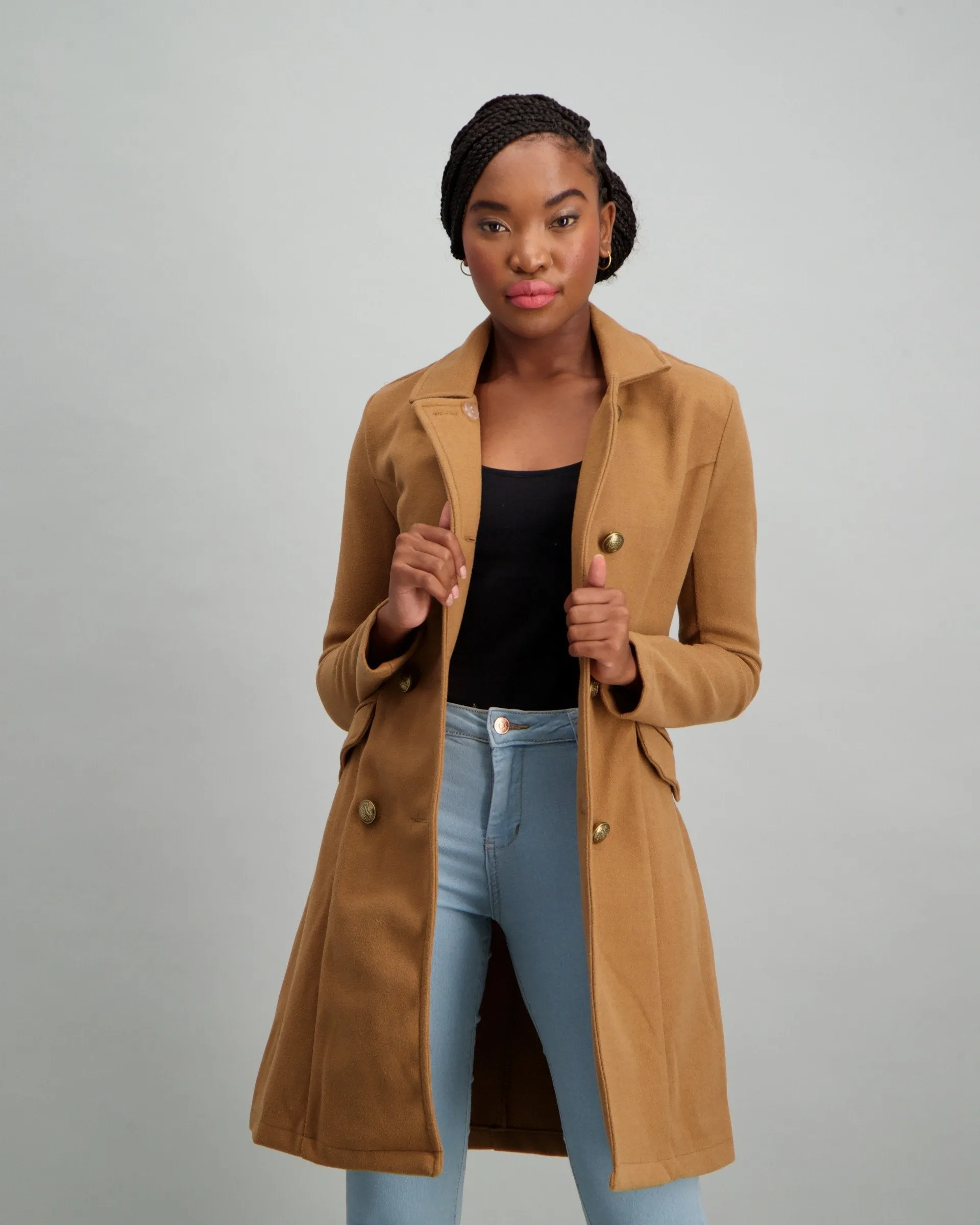 Ladies Buttoned Double Breasted Unlined Jacket - Caramel