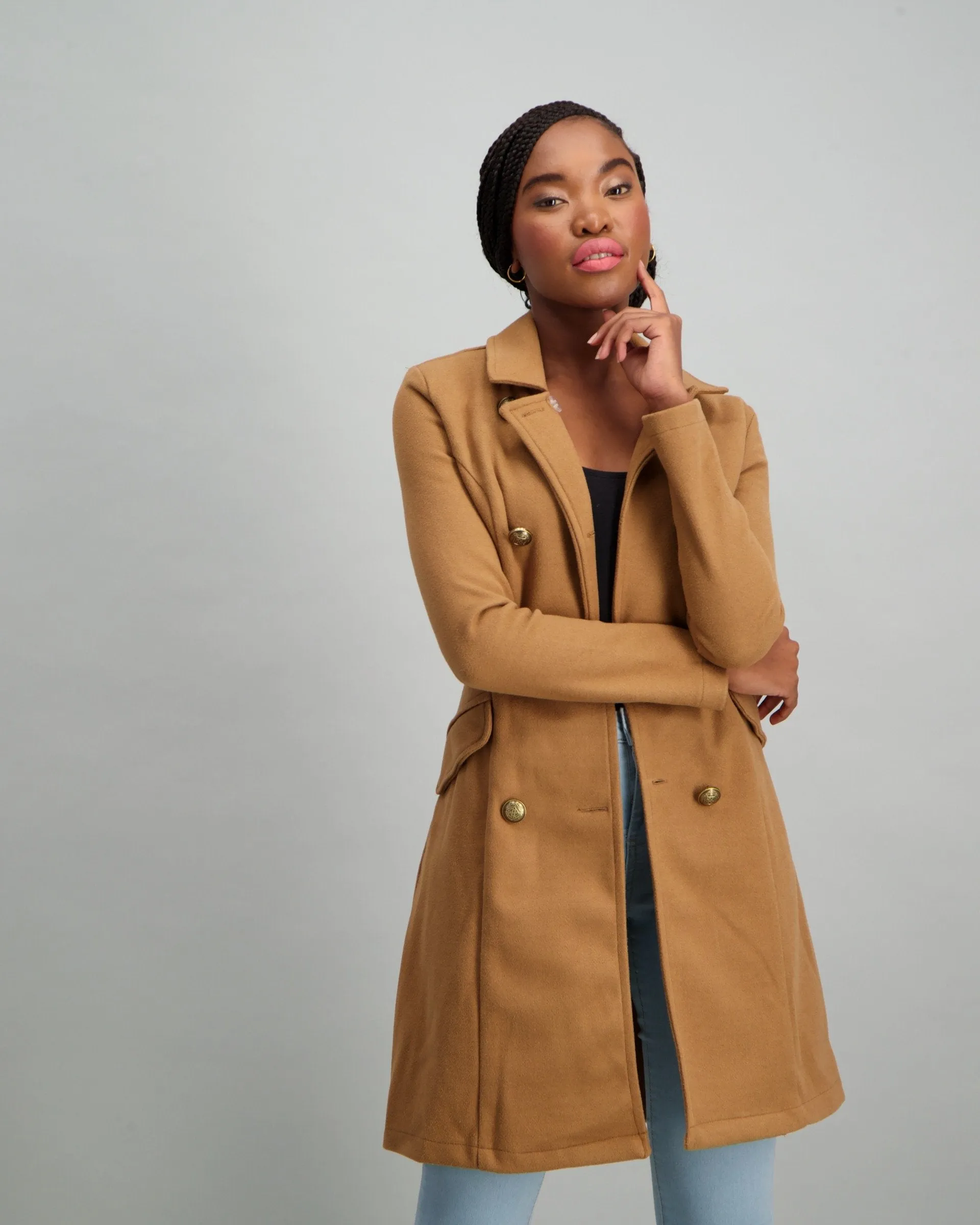 Ladies Buttoned Double Breasted Unlined Jacket - Caramel