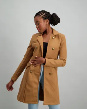 Ladies Buttoned Double Breasted Unlined Jacket - Caramel