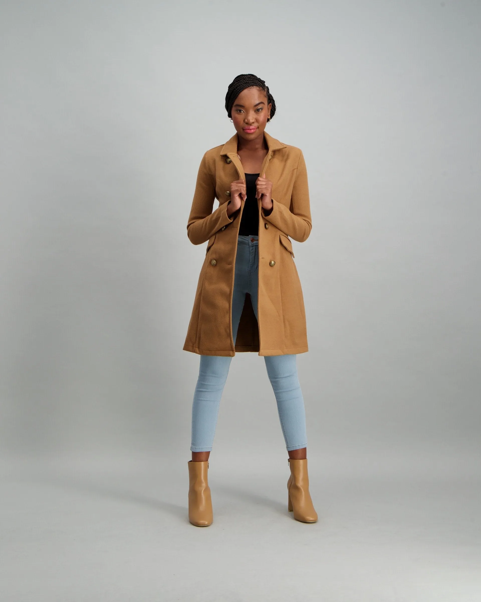 Ladies Buttoned Double Breasted Unlined Jacket - Caramel