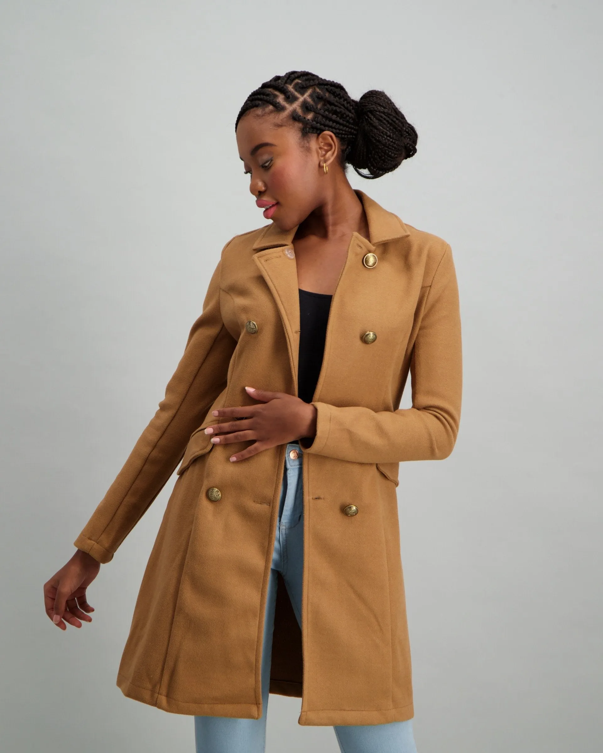 Ladies Buttoned Double Breasted Unlined Jacket - Caramel