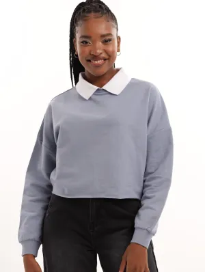 Ladies Cropped Collar Fleece Top - Blue