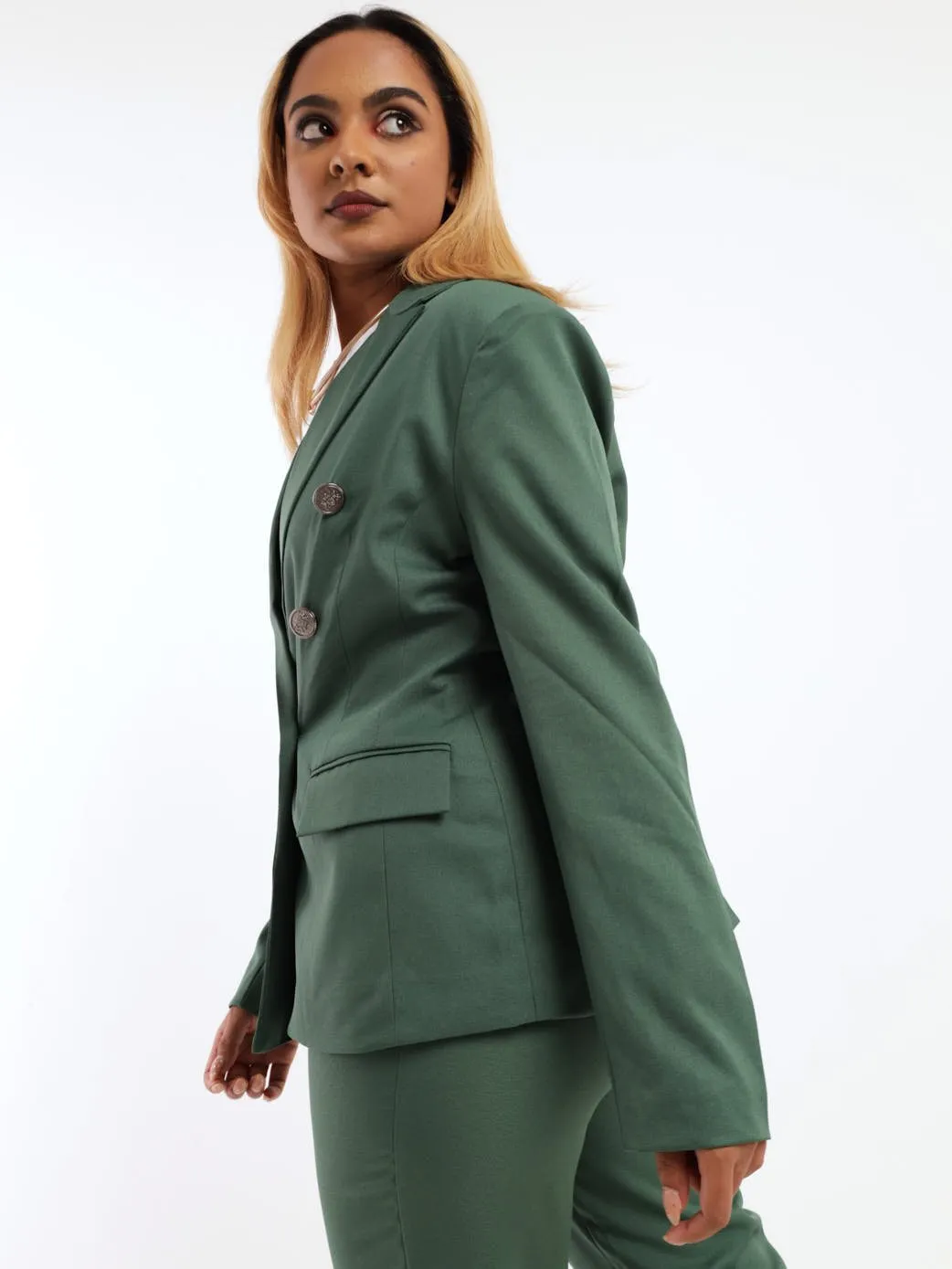 Ladies Double Breasted Blazer - Forest Green