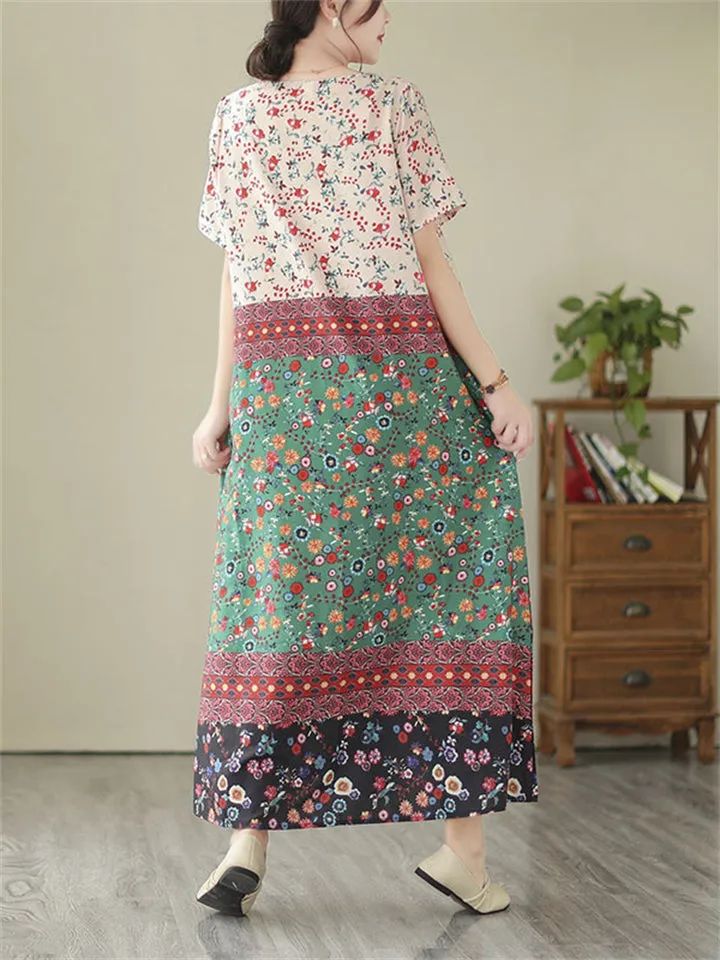 Ladies Floral Print Splicing Dress for Seaside Vacations