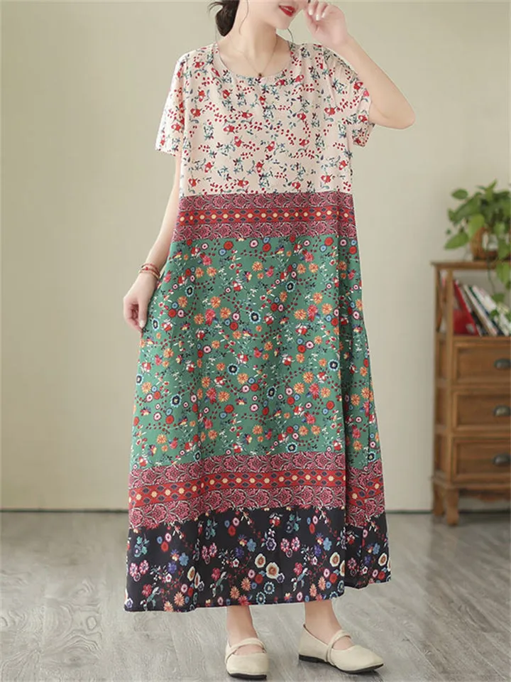 Ladies Floral Print Splicing Dress for Seaside Vacations