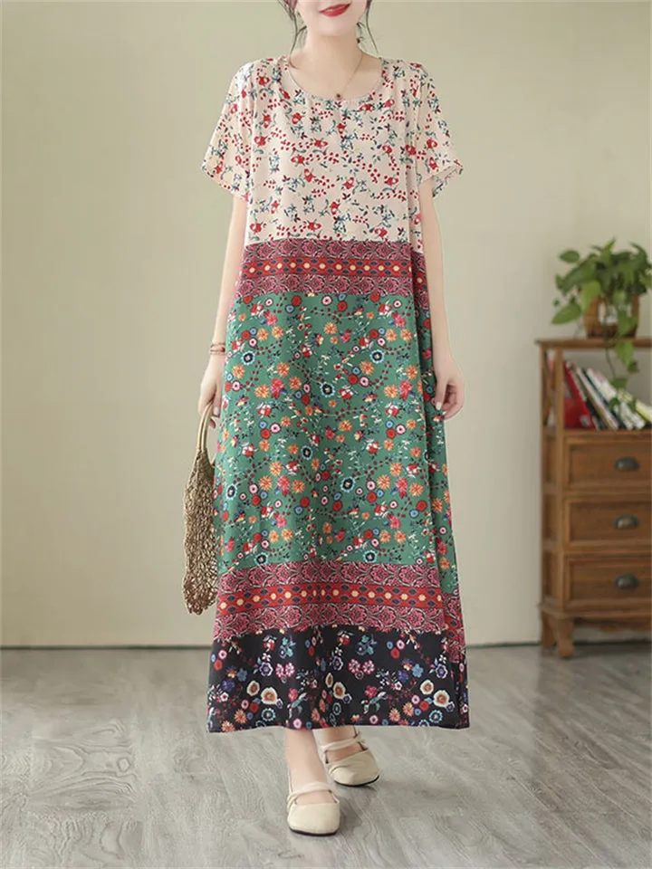 Ladies Floral Print Splicing Dress for Seaside Vacations