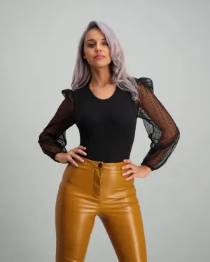 Ladies Mesh Bubble Sleeve Bodysuit - Black