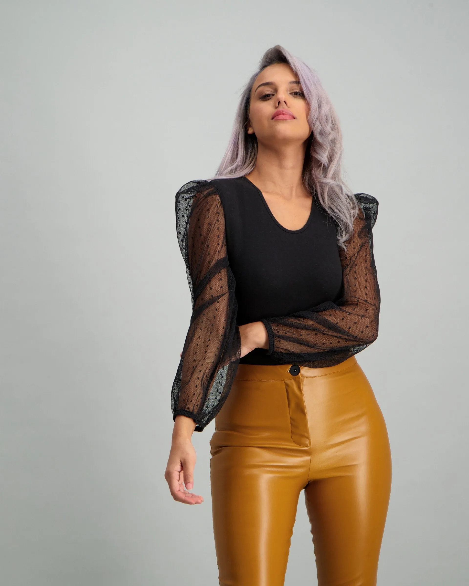 Ladies Mesh Bubble Sleeve Bodysuit - Black