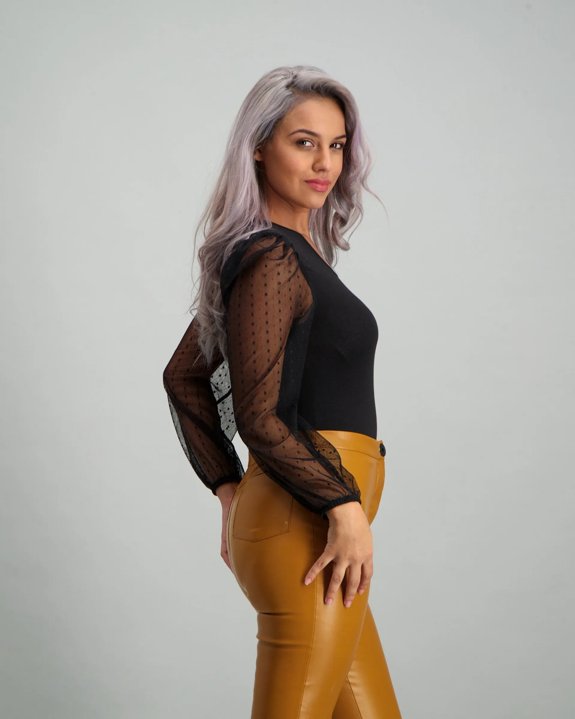 Ladies Mesh Bubble Sleeve Bodysuit - Black
