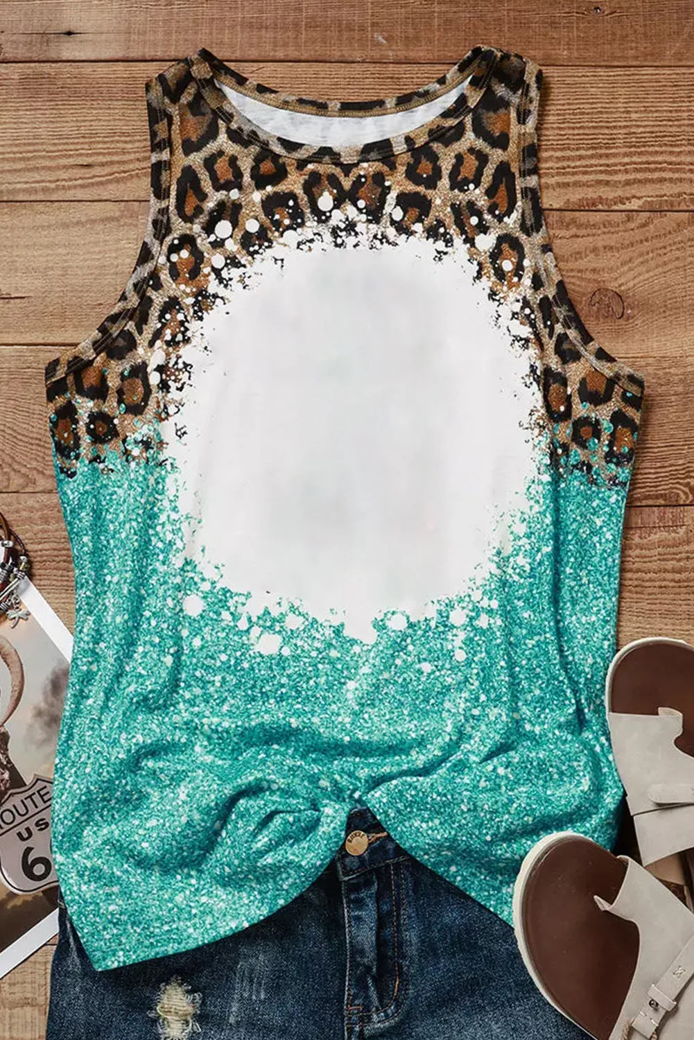 Light Blue Bleached Leopard Tie-dye Print Tank Top