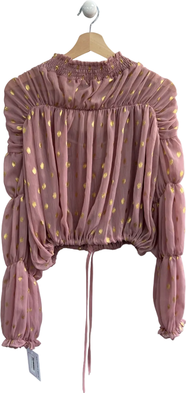L'Olive Verte Pink and Gold Polka Dot Sheer Smocked Blouse Size S