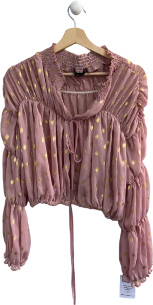 L'Olive Verte Pink and Gold Polka Dot Sheer Smocked Blouse Size S