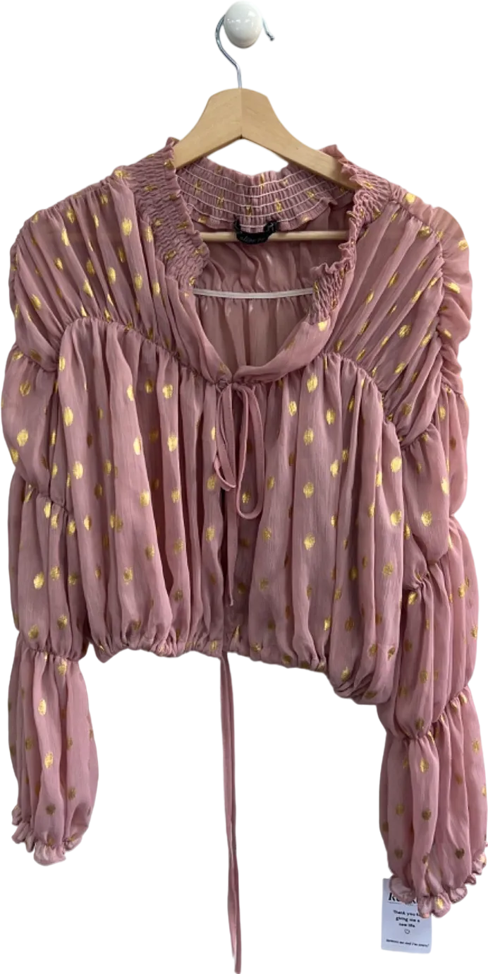 L'Olive Verte Pink and Gold Polka Dot Sheer Smocked Blouse Size S
