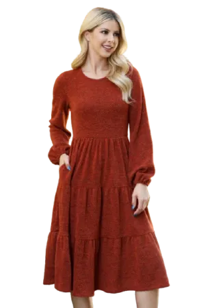 Long Puff Sleeve Elastic Waist Jacquard Knit Tiered Dress Rust - Pack of 6