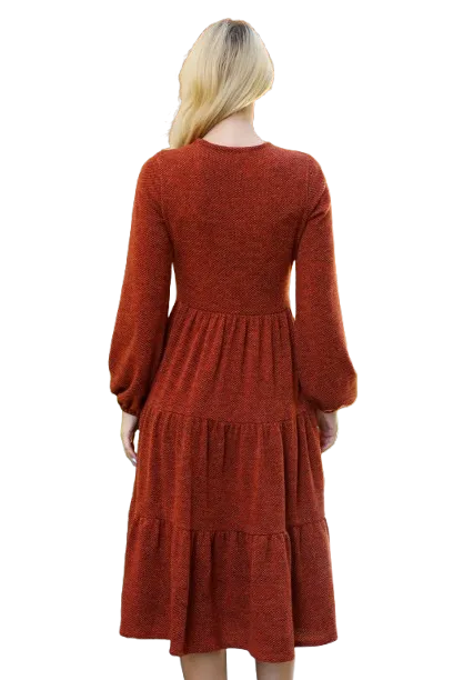 Long Puff Sleeve Elastic Waist Jacquard Knit Tiered Dress Rust - Pack of 6