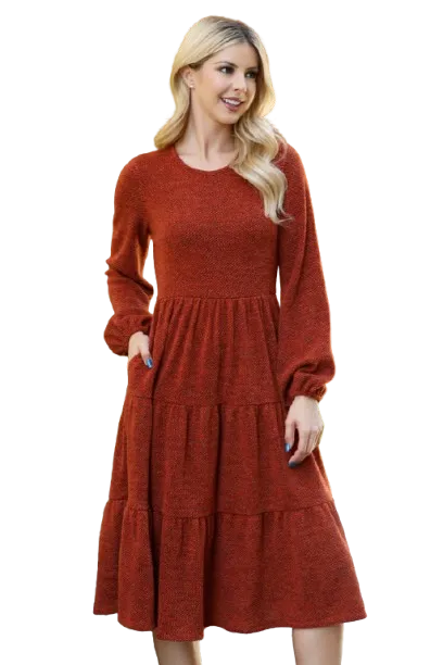 Long Puff Sleeve Elastic Waist Jacquard Knit Tiered Dress Rust - Pack of 6