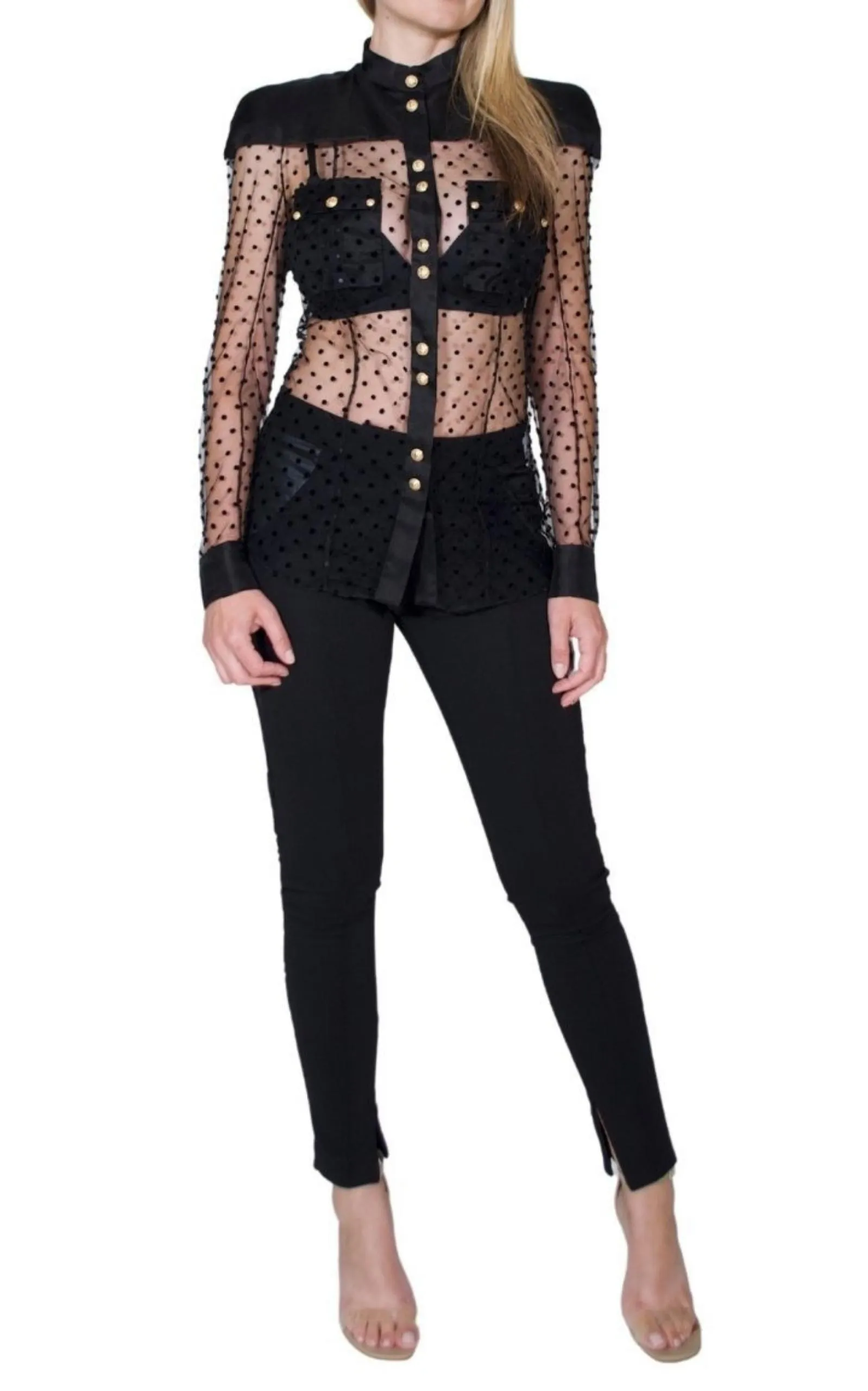 Long Sleeve Black Polka Dot Silk Shirt