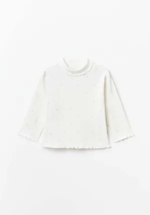 Long Sleeve Polka Dot Polo Tshirt - White