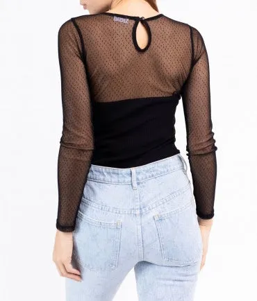 Long Sleeve Thong Mesh Polka Dot Bodysuit