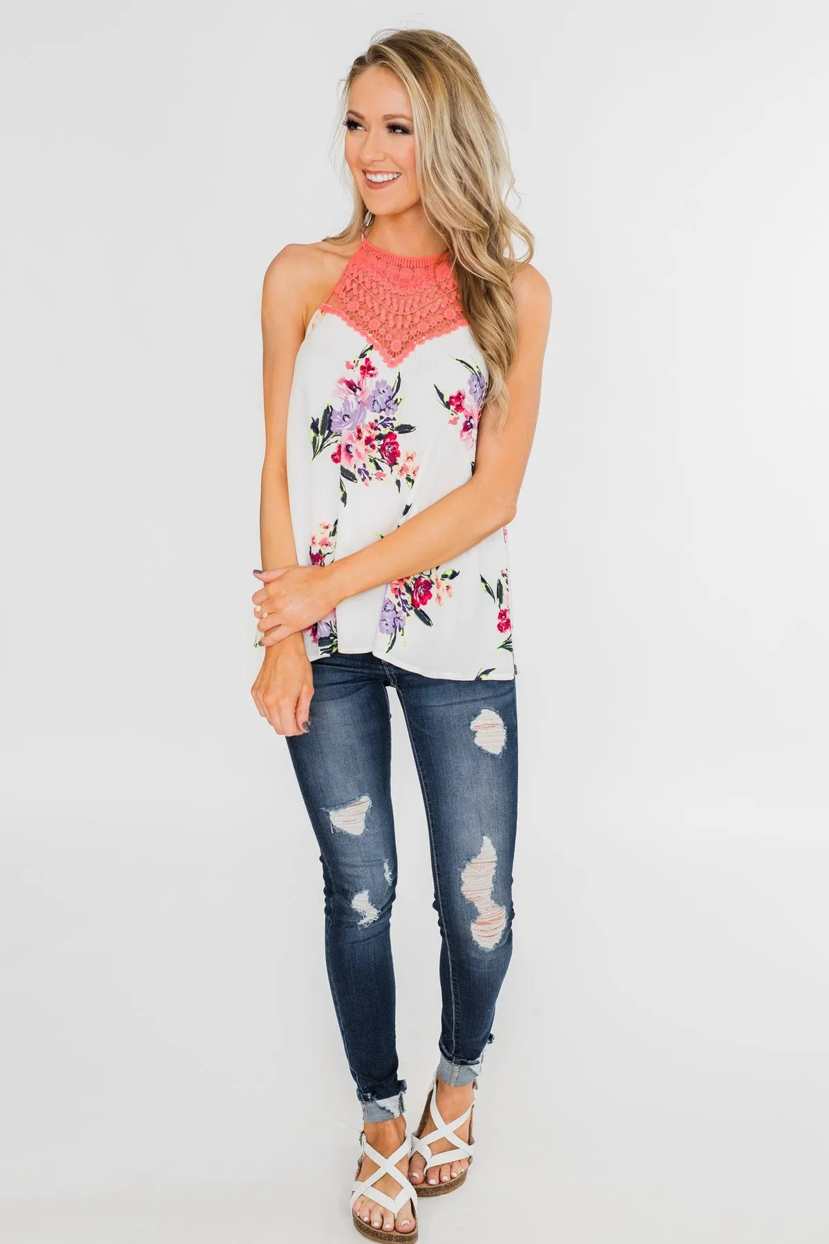 Look To Me Floral Crochet Halter Tank Top- White