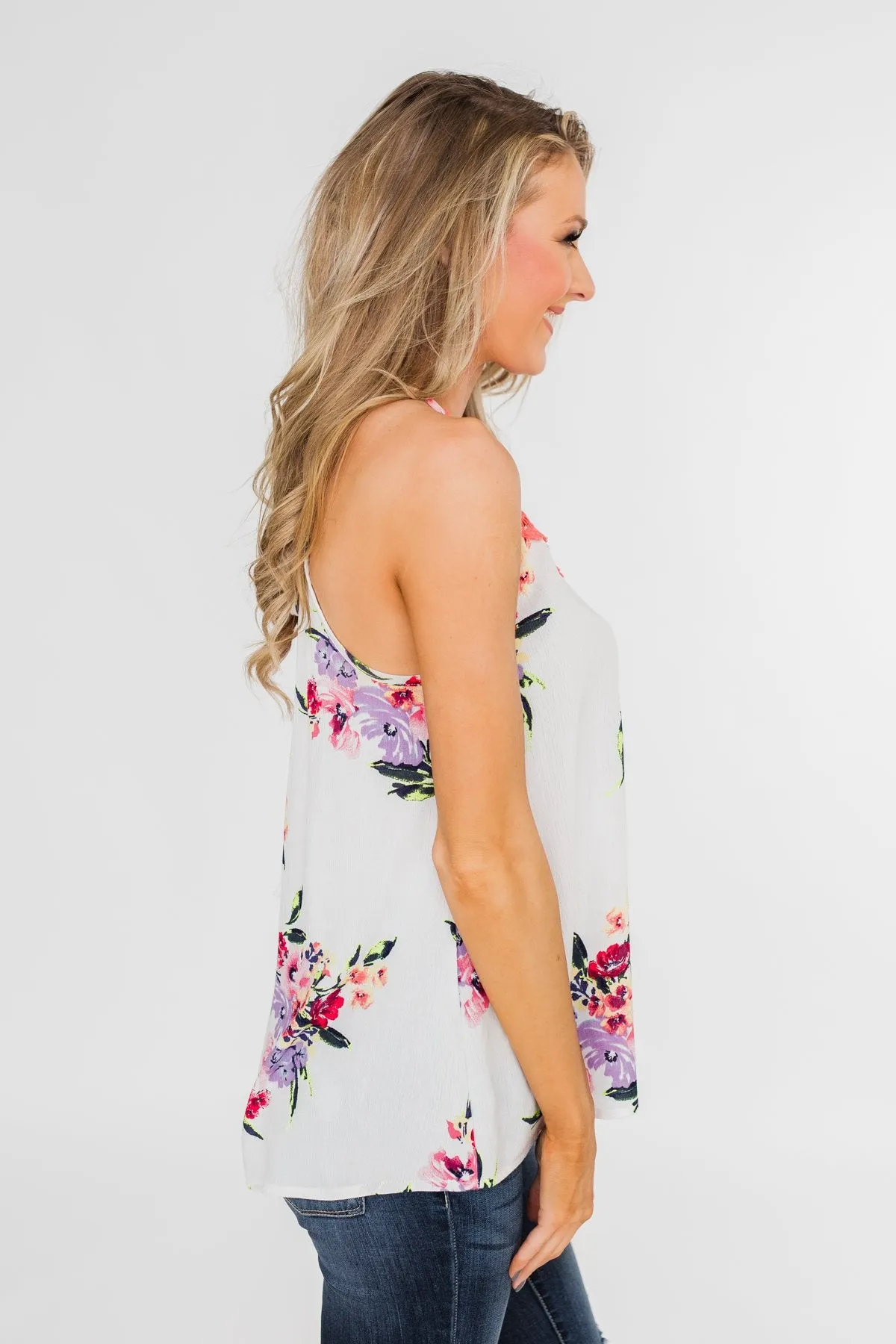 Look To Me Floral Crochet Halter Tank Top- White