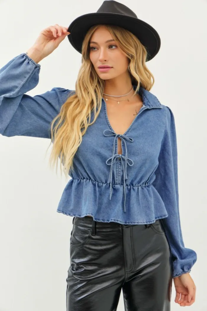 L/S Denim Peplum Top
