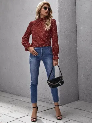 LT Fuse Polka Dot Print Detail LTFUB61 Stitched Top - Maroon
