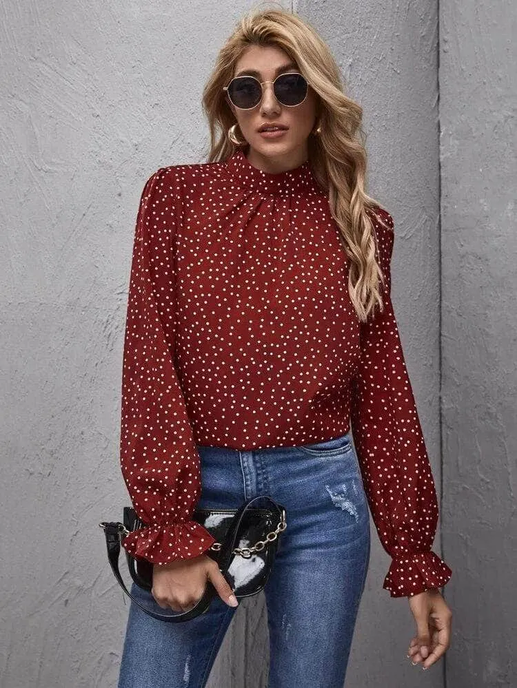 LT Fuse Polka Dot Print Detail LTFUB61 Stitched Top - Maroon