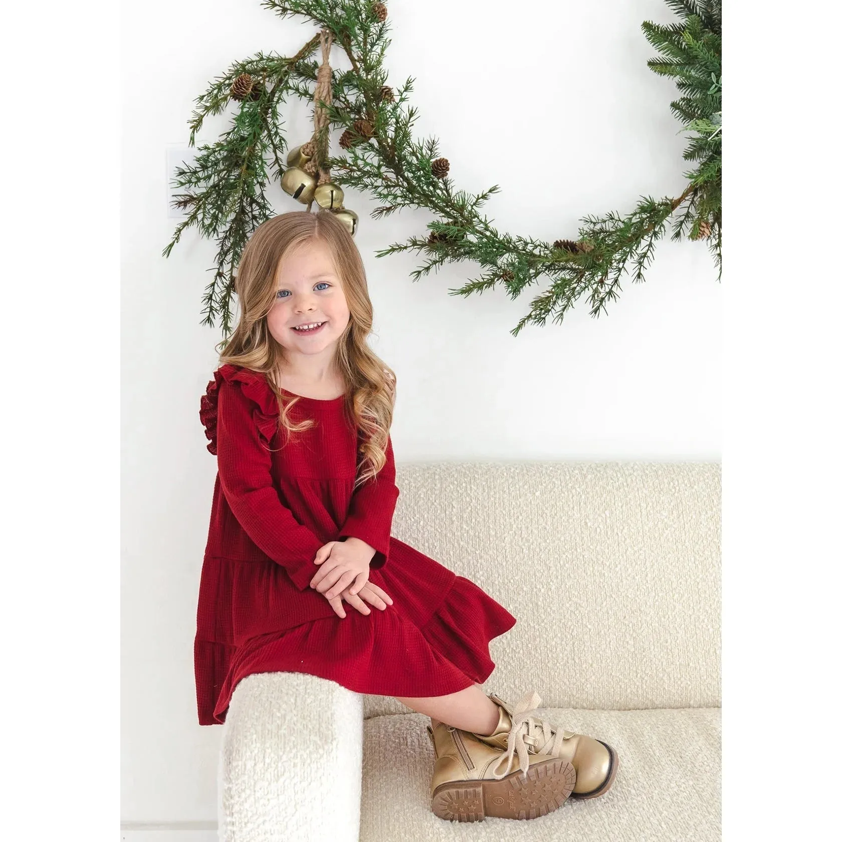 Mabel   Honey Berry & Olive Wreath Waffled Knit Dress - Red