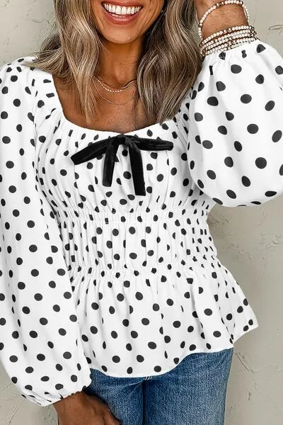 Maggie Bow Polka Dot Square Neck Long Sleeve Blouse