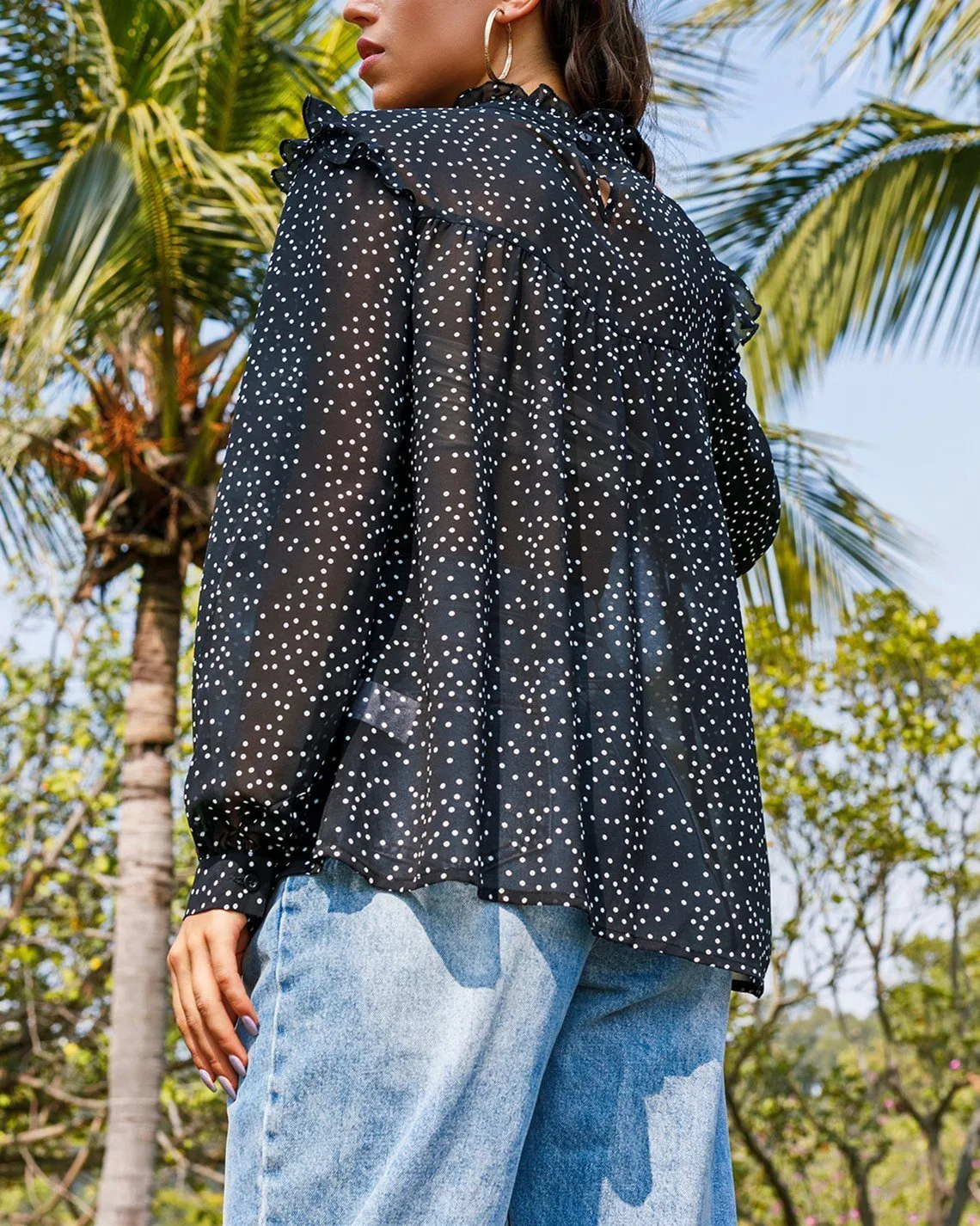 Magical Spot Polka Dot Print Chiffon Pleated Top - Black